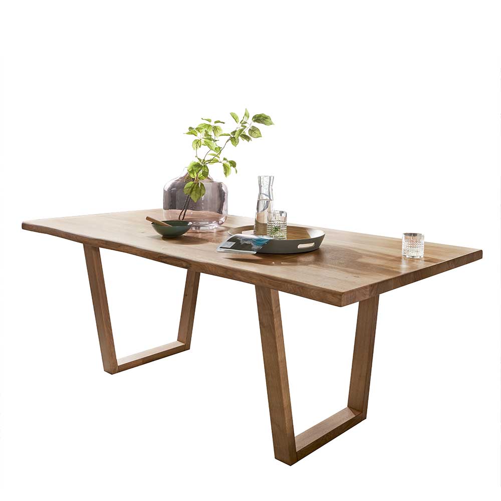 Wildeiche Massivholztisch mit Baumkante & V-Bügelgestell Special