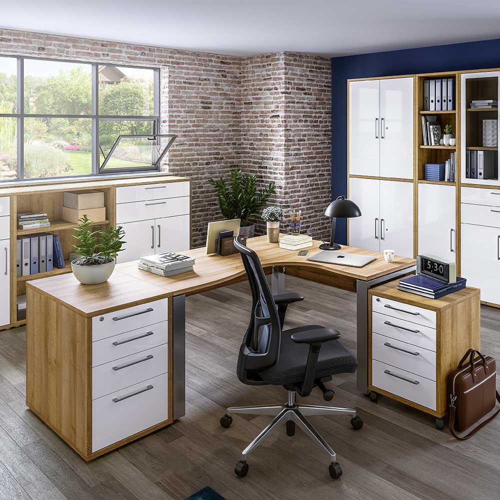 Winkel-Schreibtisch Büromöbel Set in Weiß HG & Eiche Dekor Dreamings
