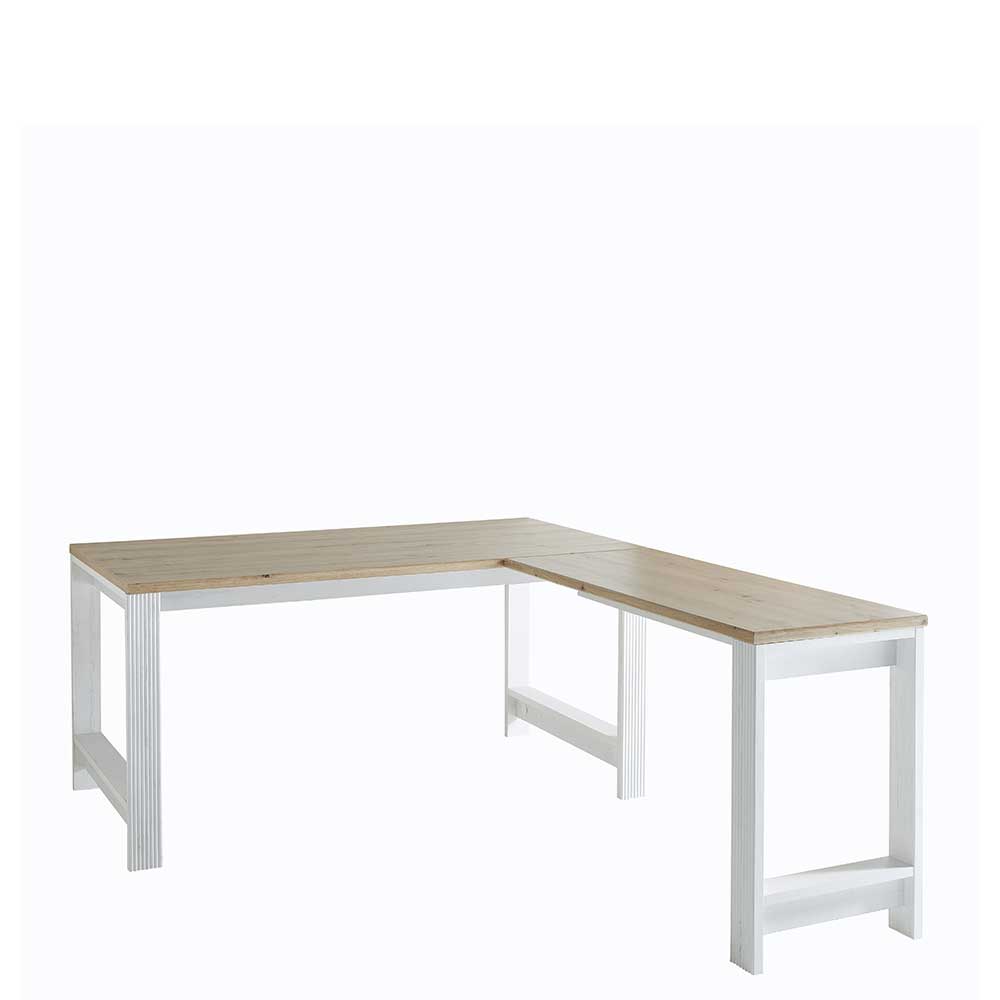 Winkel-Schreibtisch im Landhausstil in Weiß & Eiche Holzoptik Mehady