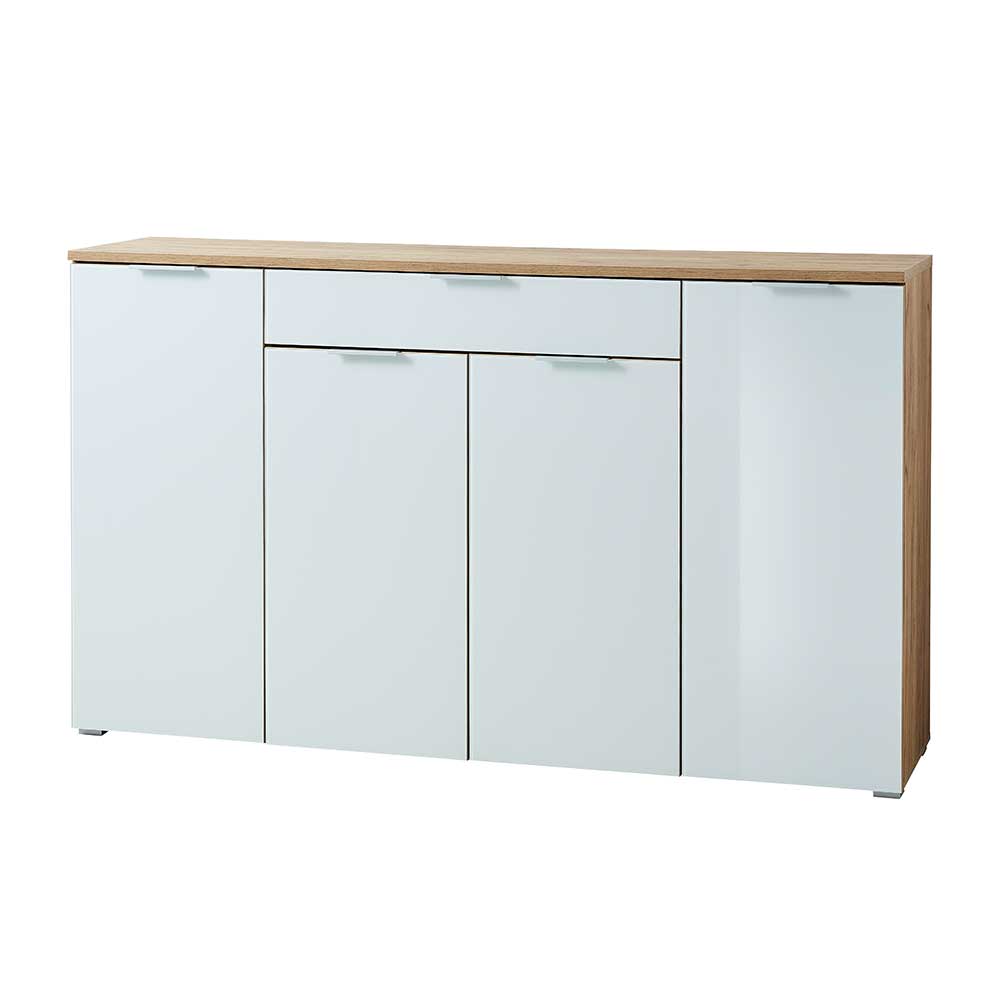Wohnraum Sideboard in 180x105x40 cm und Weiß Glas & Eiche Reestyl