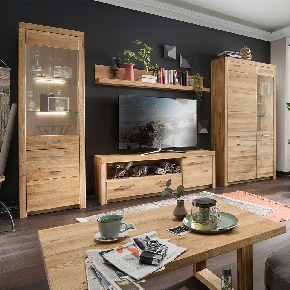 Wohnwand Möbel Set aus Wildeiche - geöltes Massivholz Loitons