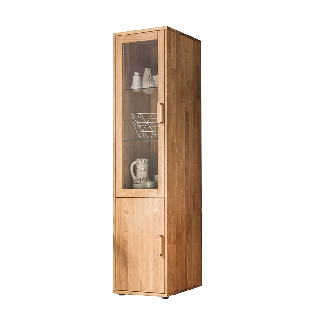 Wohnwand Standvitrine aus Holz Eiche massiv & Glas 46x182 cm Teano