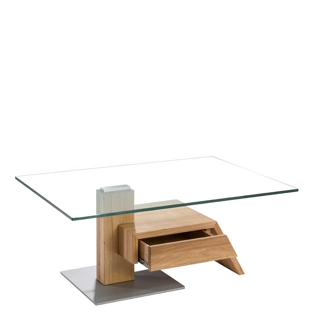 Wohnzimmer Design-Glastisch mit Schublade - Asteiche Massivholz Ambia