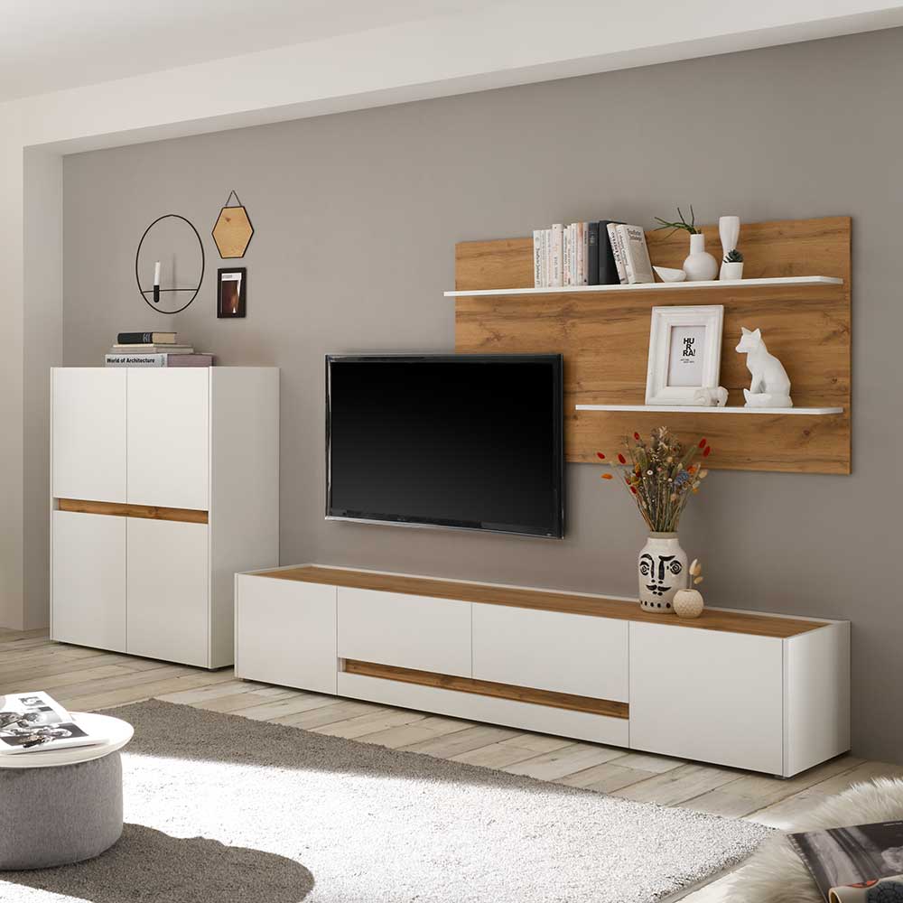 Wohnzimmer Möbelset für Wand TV in Weiß & Dekor Wildeiche Nonessia