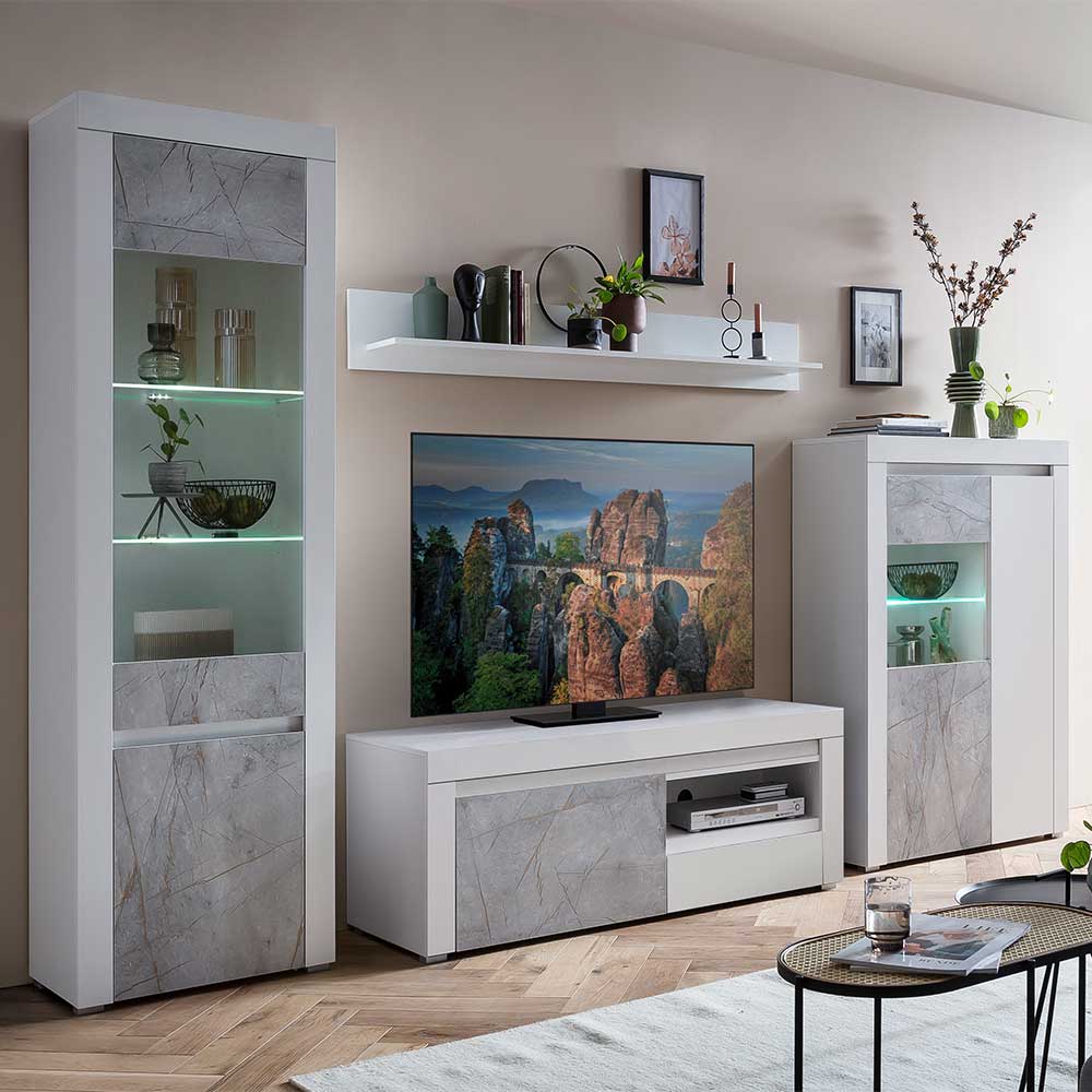 Wohnzimmer Schränke & Hängeboard Set in Weiß & Marmor Grau Volicra