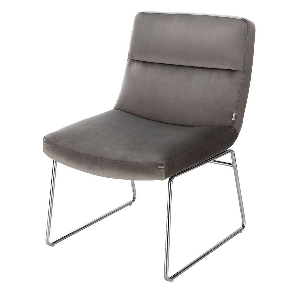 Wohnzimmer Stuhl in Grau Samt und Chromfarben Bügelgestell Rundo