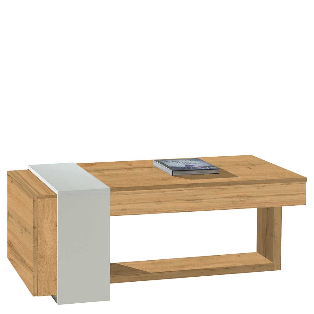 Wohnzimmer Tisch mit Tischplatte zum Hochklappen in Wildeichefarben & Weiß Lili