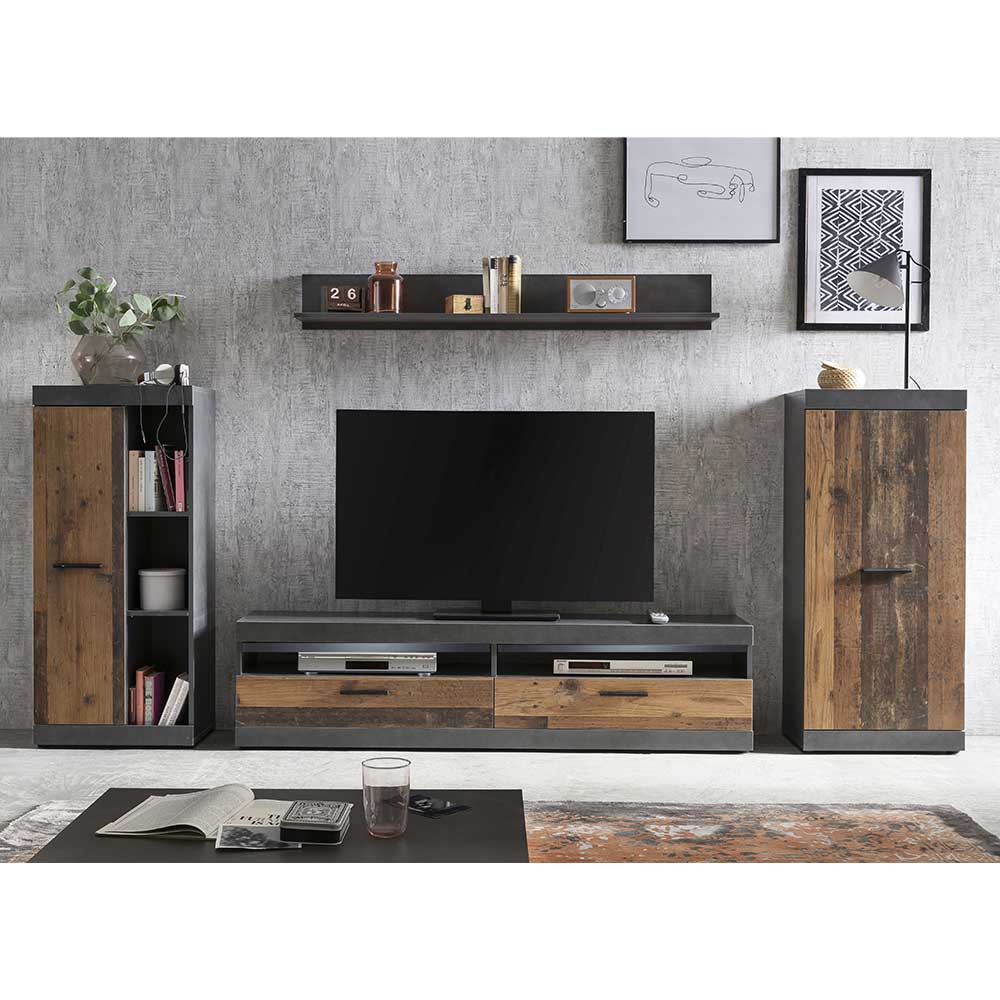 Wohnzimmer TV Anbauwand Möbel in Holz Antik Dekor & Dunkelgrau Settsu
