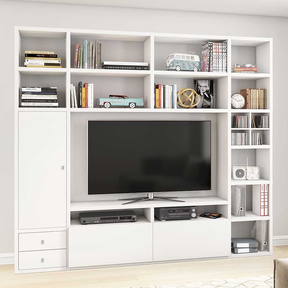 Wohnzimmer TV Regalwand in Weiß mit viel Stauraum 251cm Oristano