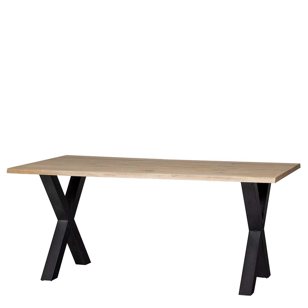 X-Fuß Baumkanten Tisch aus Eiche naturbelassen und Stahl in Schwarz Suprise