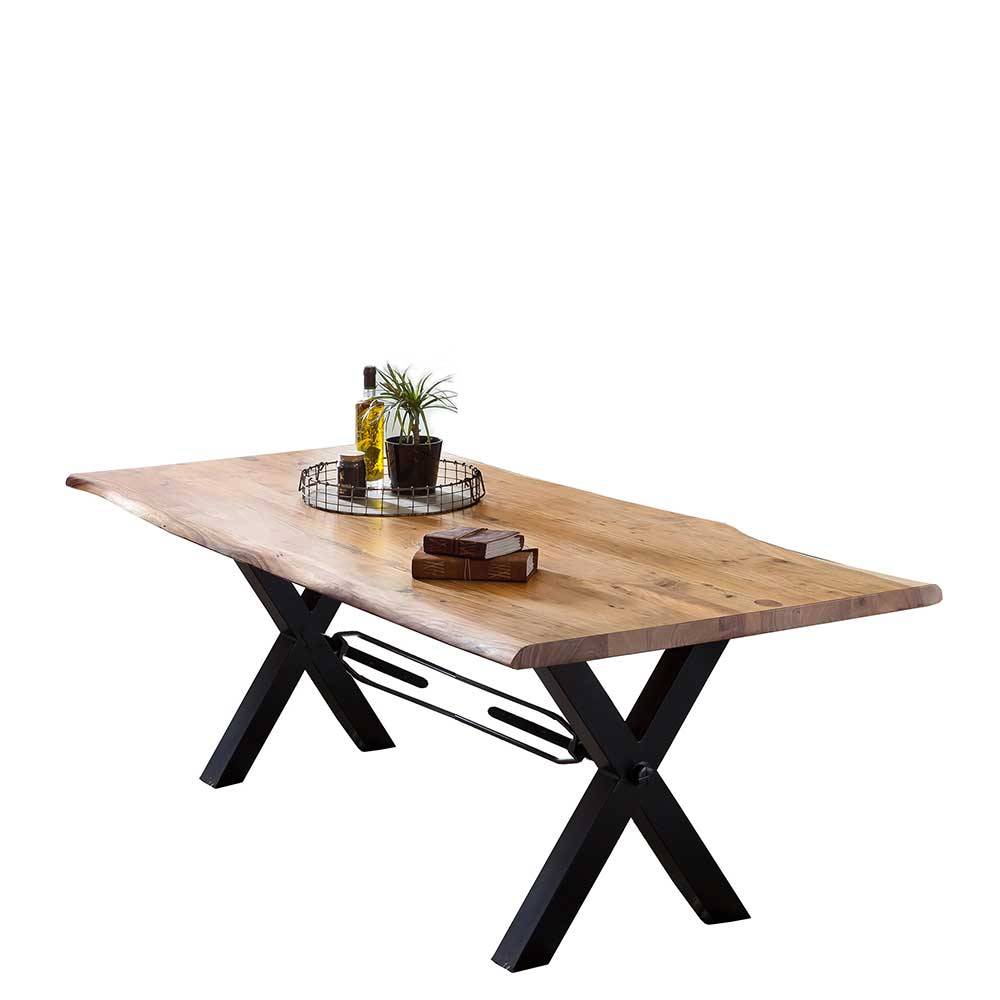 X-Fuß Designtisch mit Holz Platte mit Naturkante aus Akazie Massivholz Liyadiro