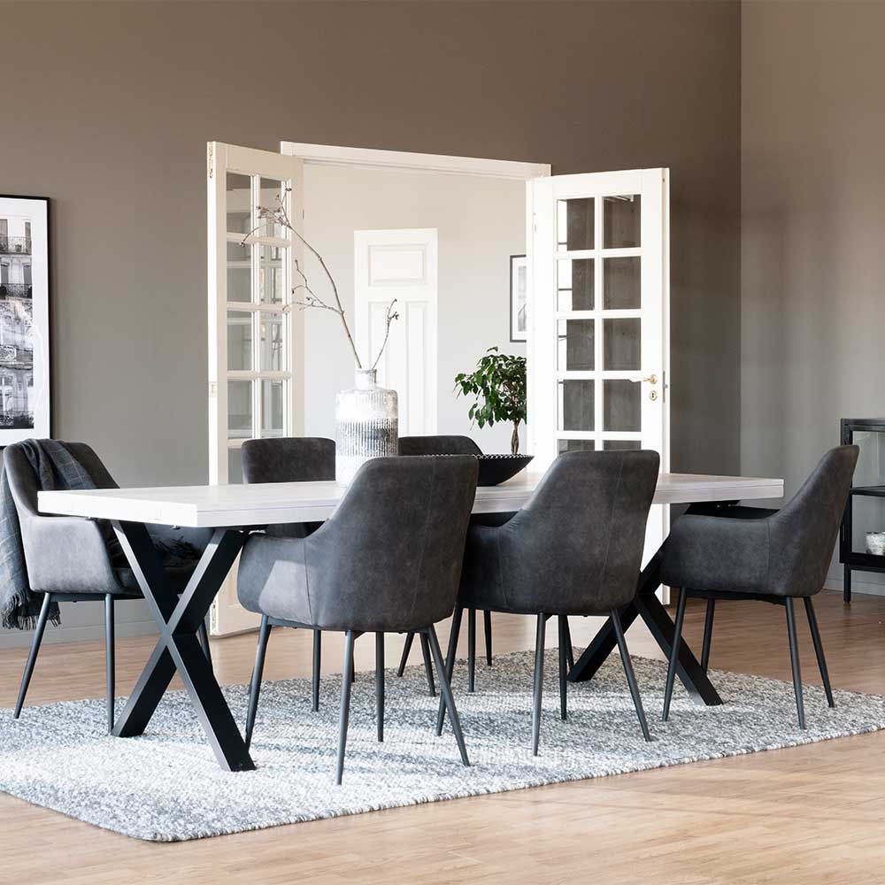 X-Fuß Tisch Essplatz für 6 Personen mit dunklen Armlehnstühlen Freshna