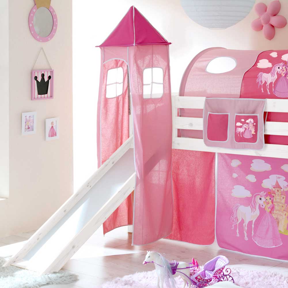 Weiß lackiertes Hochbett mit Rutsche mit Stoff Pink - Simon