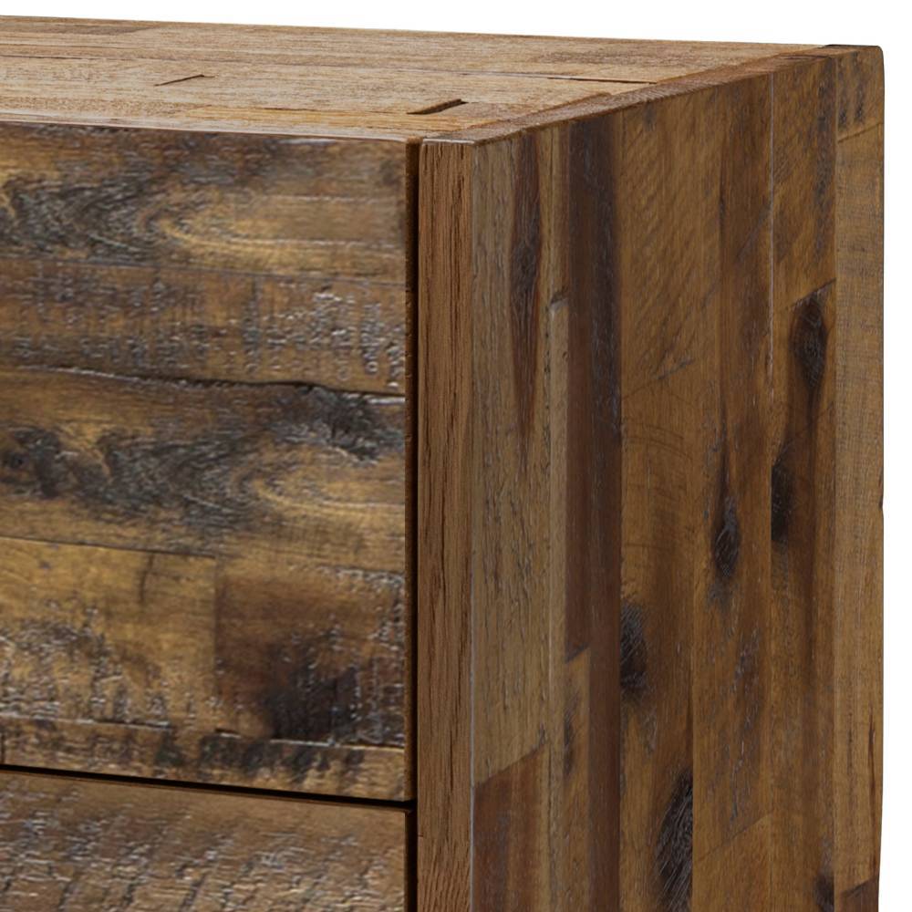 Eckdetail der Akazienholz Kommode in Vintage Braun mit markanter Holzmaserung – Mevrinus