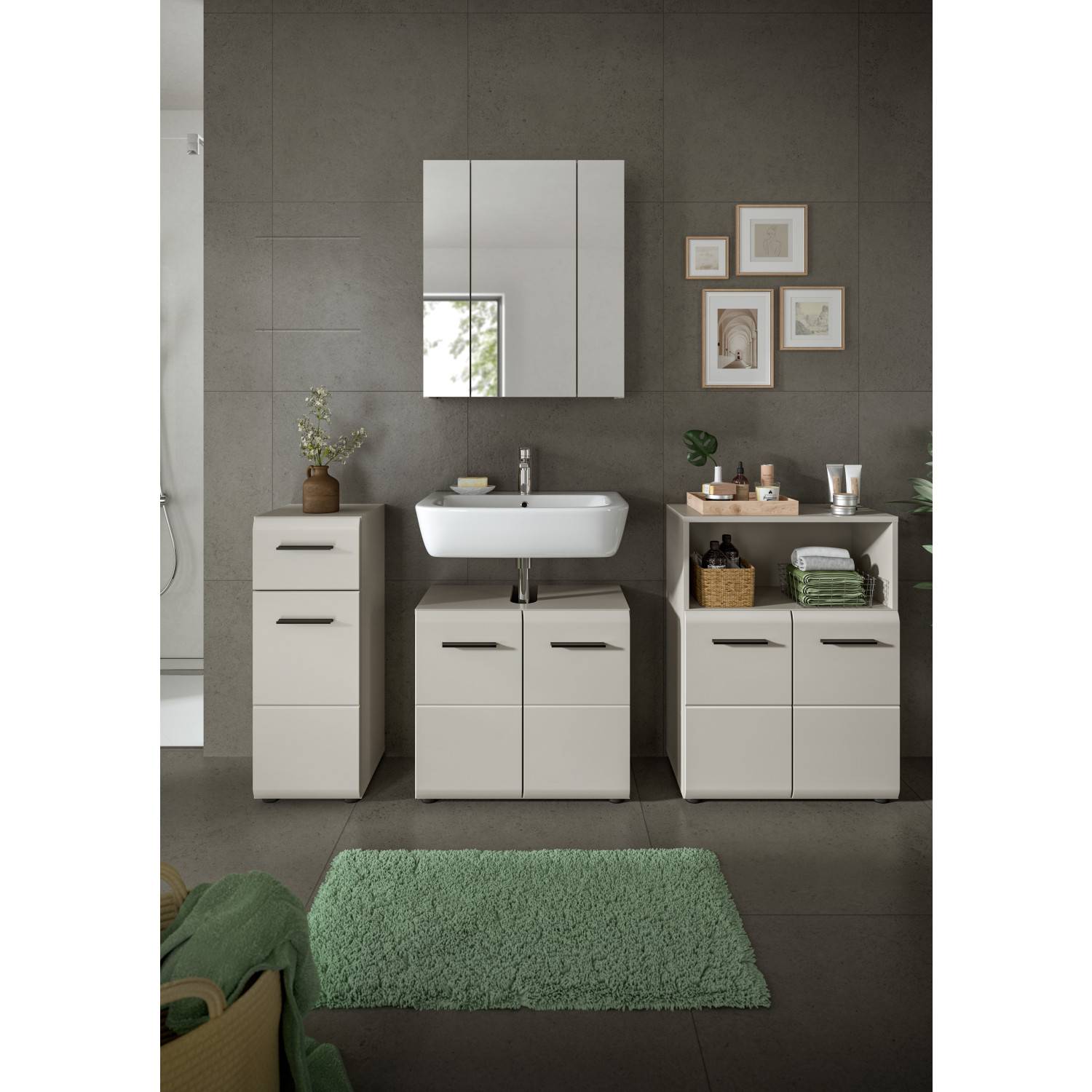 Modernes 4-teiliges Badezimmermöbelset in Taupe mit Waschtisch, Spiegelschrank und Hochschränken – Donostia