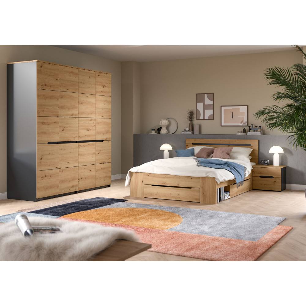 Modernes Schlafzimmer Set Irysma vierteilig mit Bett, Kleiderschrank und Nachttisch in Eiche und Anthrazit – Irysma