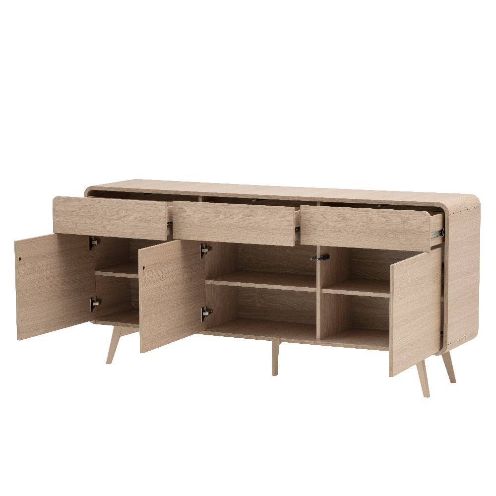 Sideboard in Eiche Holzoptik mit offenen Fächern und ausgezogenen Schubladen für viel Stauraum – Embrus