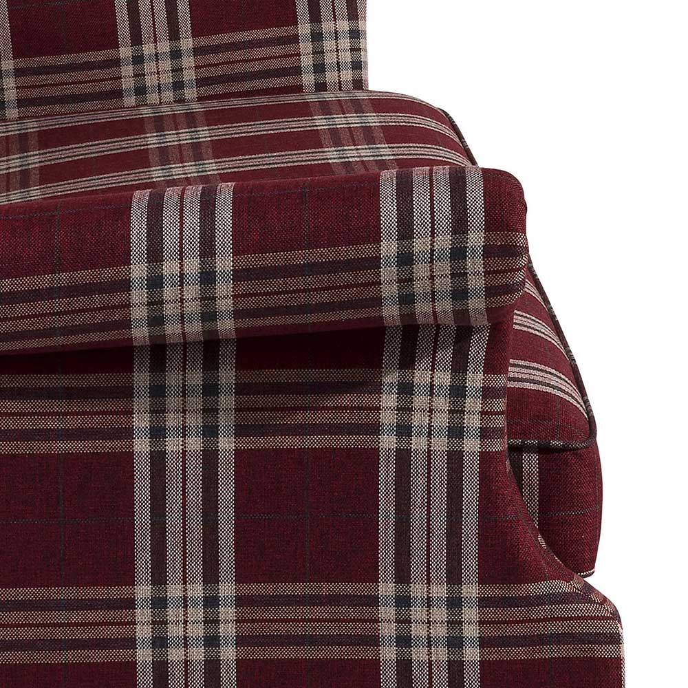 Nahaufnahme des roten karierten Bezugsstoffes und der Sitzfläche des Küchensofas – Matieu