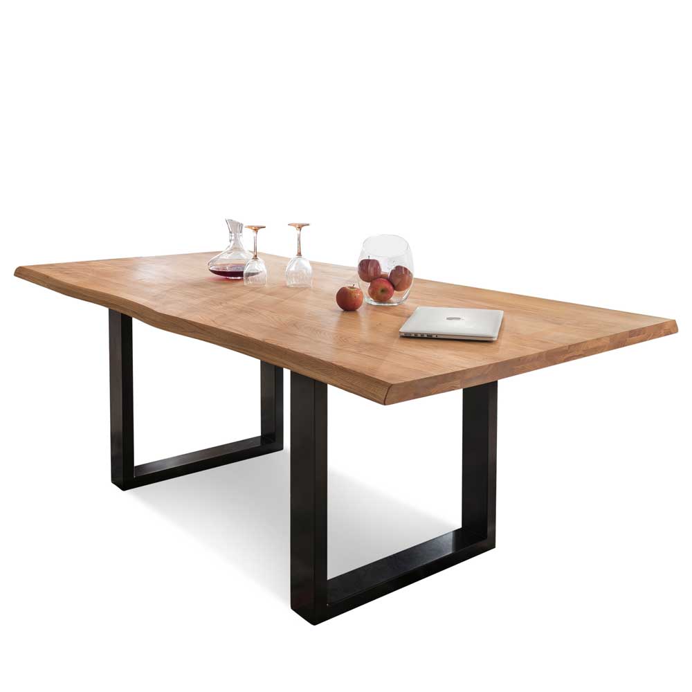 Exklusiver Tisch mit Baumkante Wildeiche Clazoria auf Stahlbügeln in Schwarz