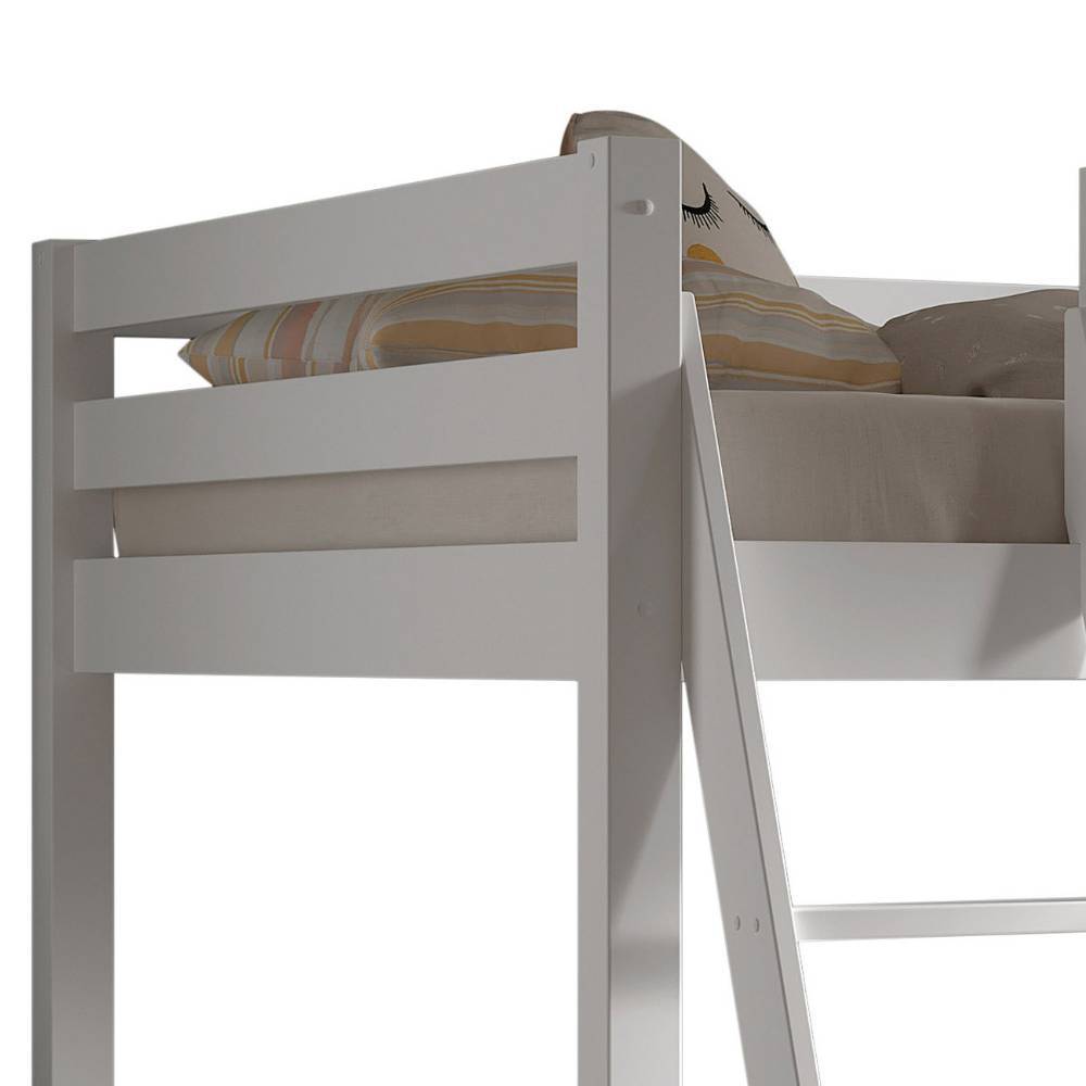 Oberes weißes Hochbett 140x200 mit stabilen Holz-Absturzsicherungen und seitlicher Leiter – Napcolia