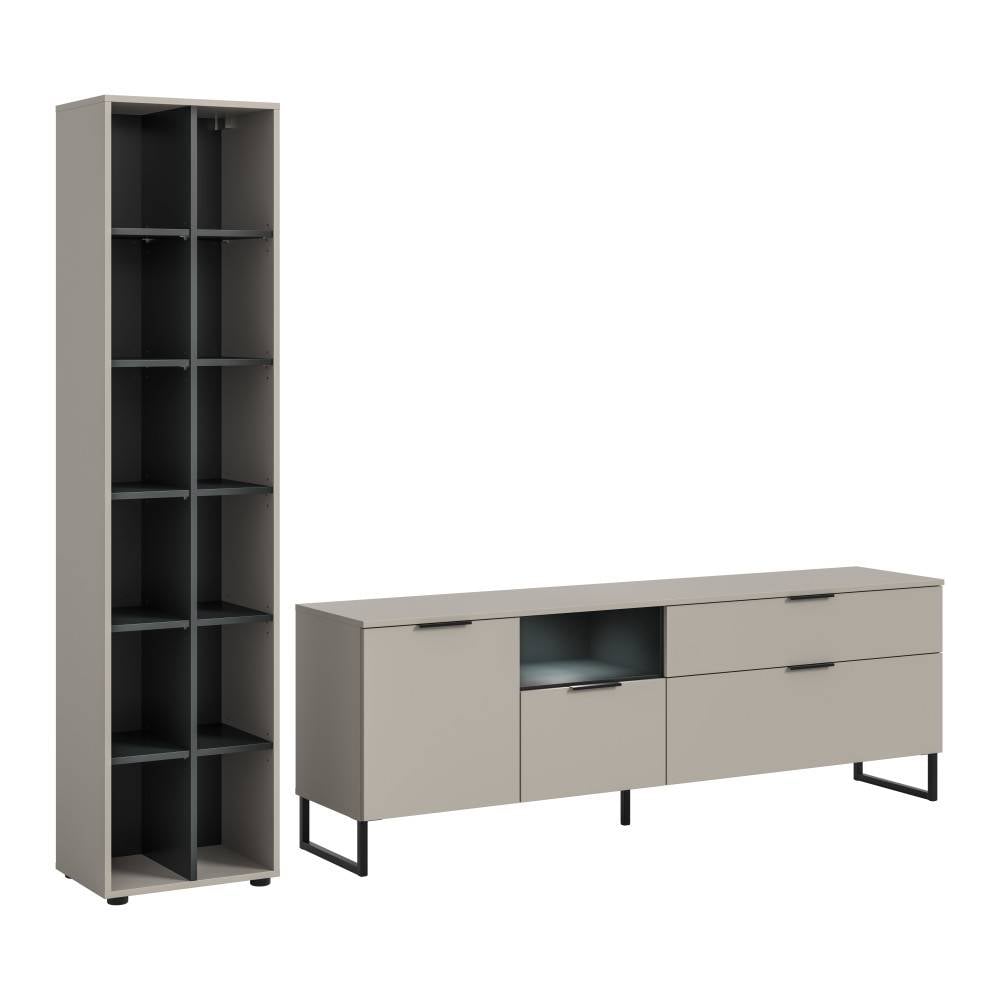 Mattgraue Anbauwand mit hohem Regal und breitem TV-Lowboard für modernes Wohnzimmer – Ostinia
