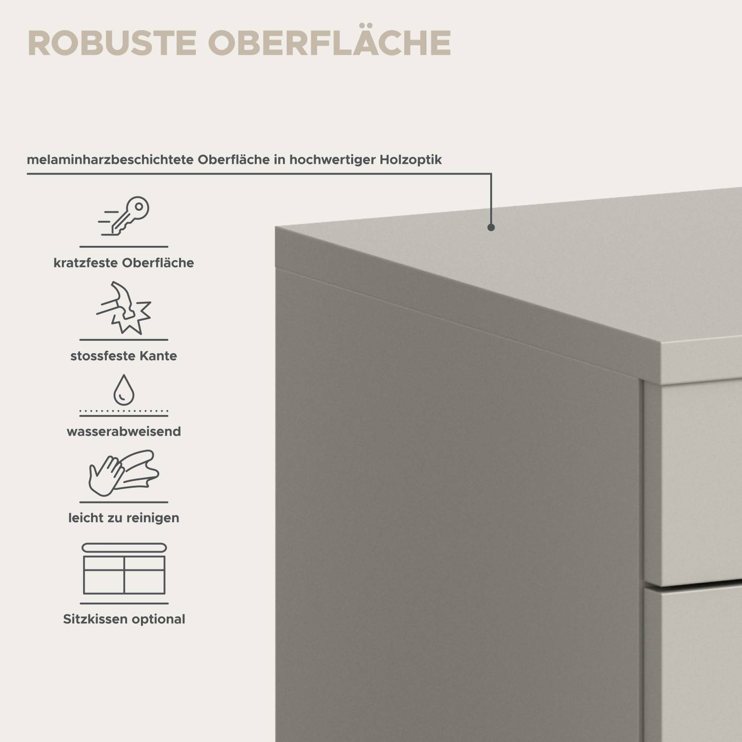 Robuste, melaminharzbeschichtete Oberfläche des Garderobensets ist kratzfest und wasserabweisend – Elvadia