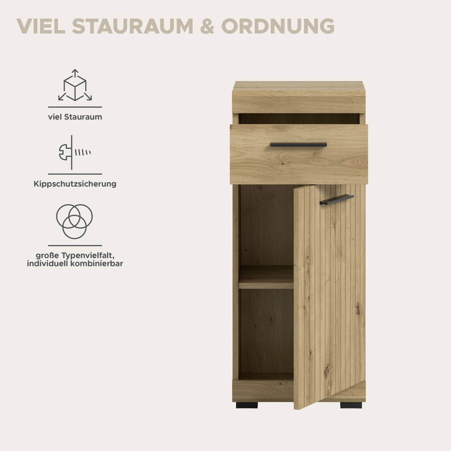 Midischrank Bad mit viel Stauraum, Kippschutzsicherung und großer Typenvielfalt für individuelle Gestaltung – Lasewood