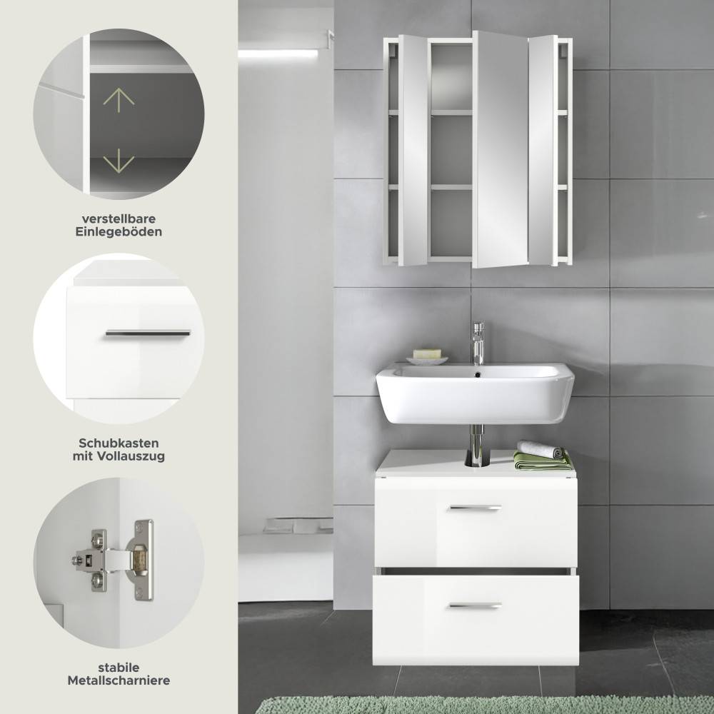 Verstellbare Einlegeböden und Vollauszug-Schubkästen des Waschplatz Sets mit Metallscharnieren – Clona