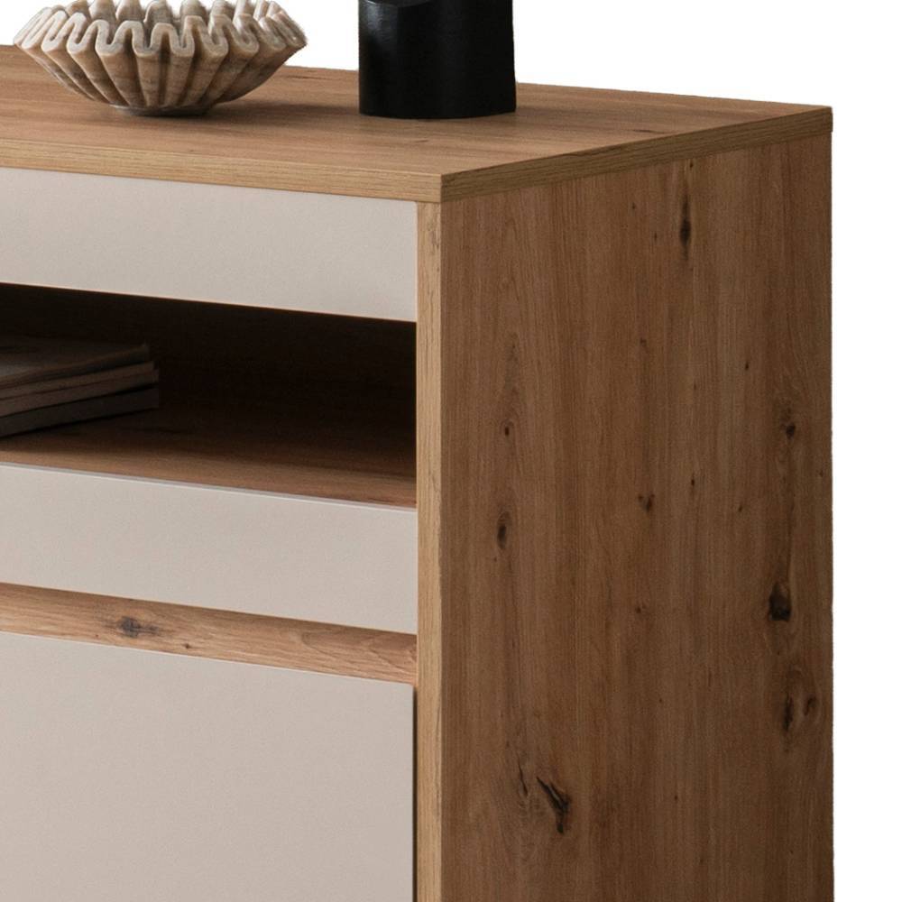 Oberer Bereich des TV Schranks mit offener Ablagefläche und Holzstruktur in Wildeiche – Spain