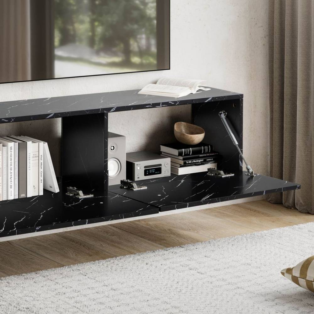Modernes schwarzes Medienboard in Marmor-Design mit zwei offenen Klappen und Stauraum für Bücher – Varzino