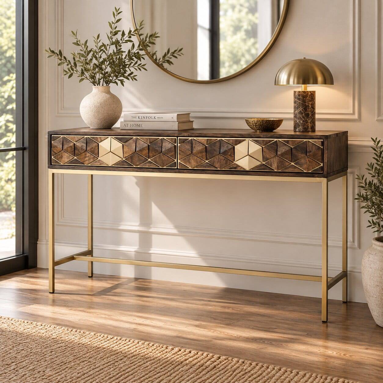 Design Konsolentisch in Walnuss Braun mit Gold - Feregato