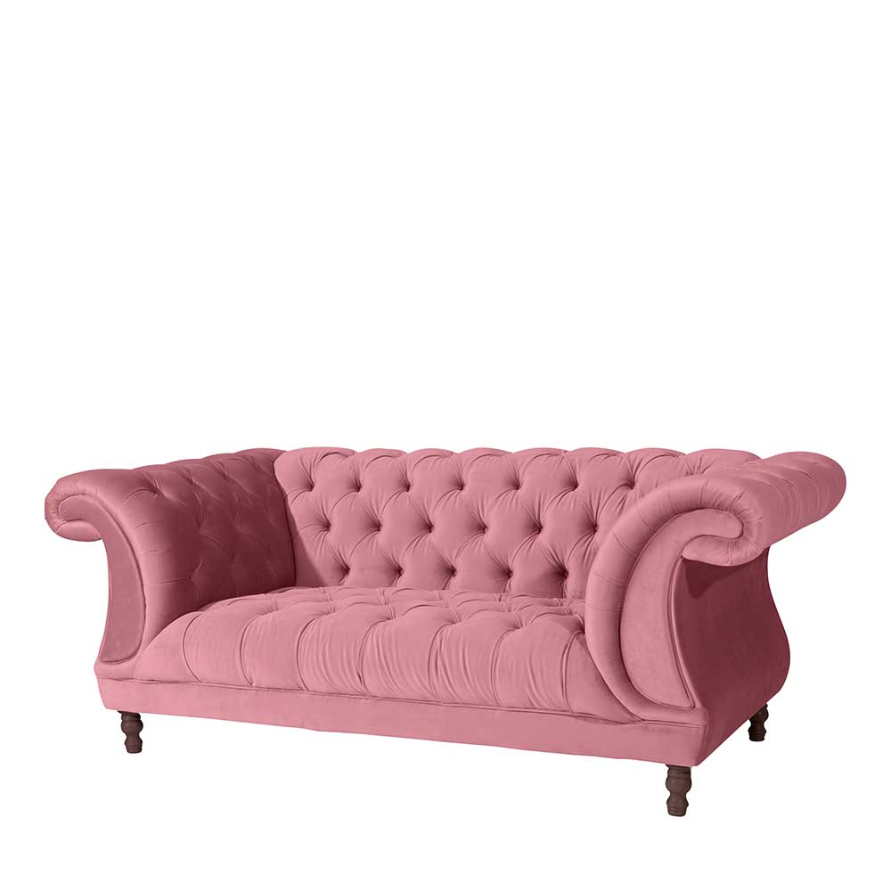 Komplettes Barock 2er Sofa in zartem Rosa Samtvelours mit Knopfheftung und Holzfüßen – Clewono
