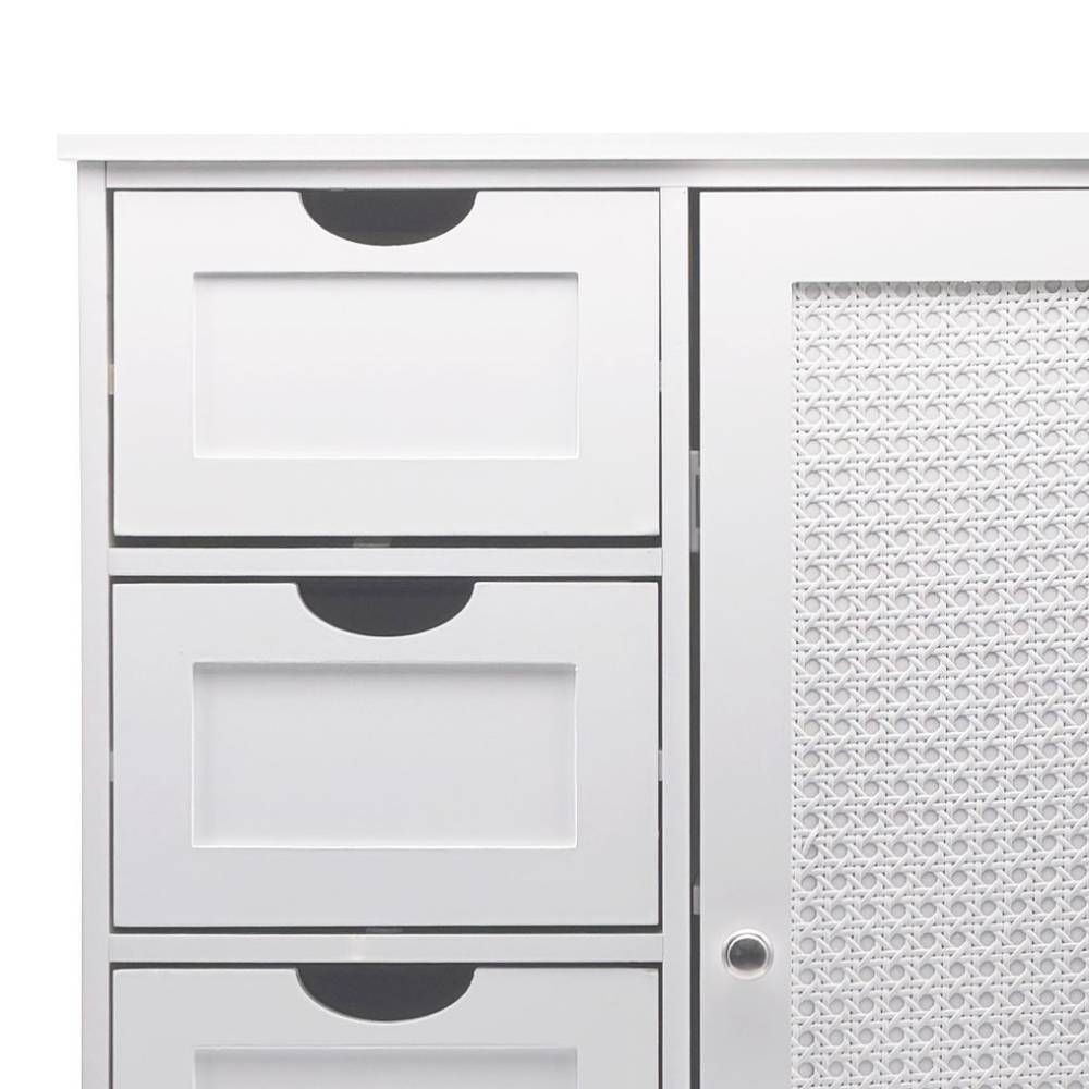 Obere weiße Badkommode mit zwei Schubladen und Tür im Rattangeflecht-Design – Uniaka