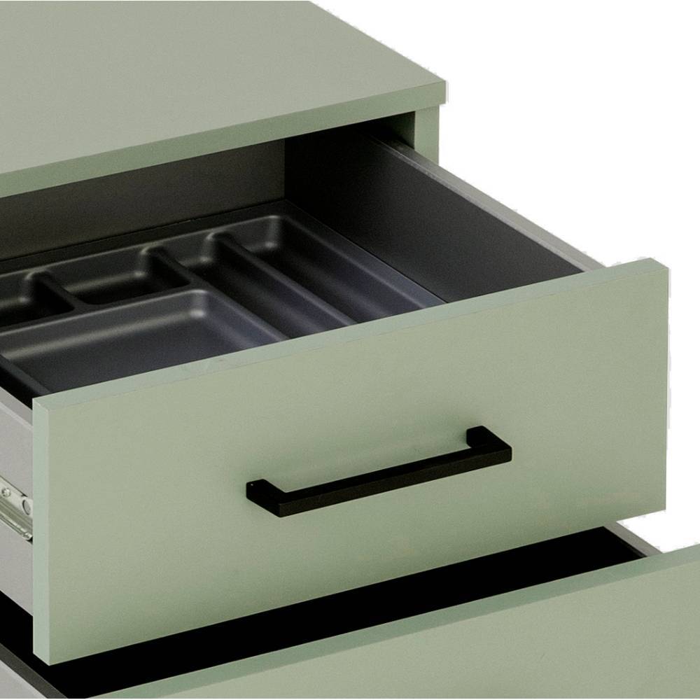 Offene Schublade des graugrünen Rollcontainers mit praktischem dunklen Organizer-Einsatz – Izumy