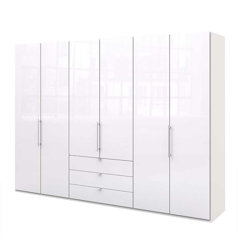 Kleiderschrank mit 10m Länge in Weiß Glasfront - Falttüren & Schubladen -  Dolienca