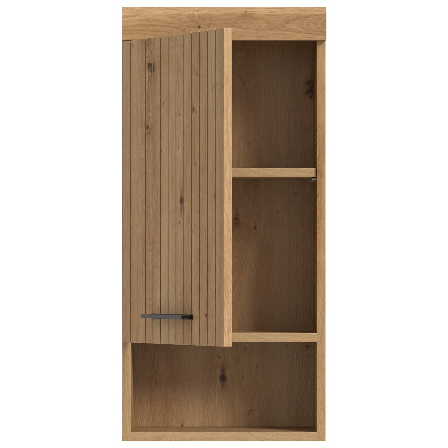 Schmaler Bad Hängeschrank in Artisan Holzoptik mit offener Tür und Einlegeböden – Lasewood
