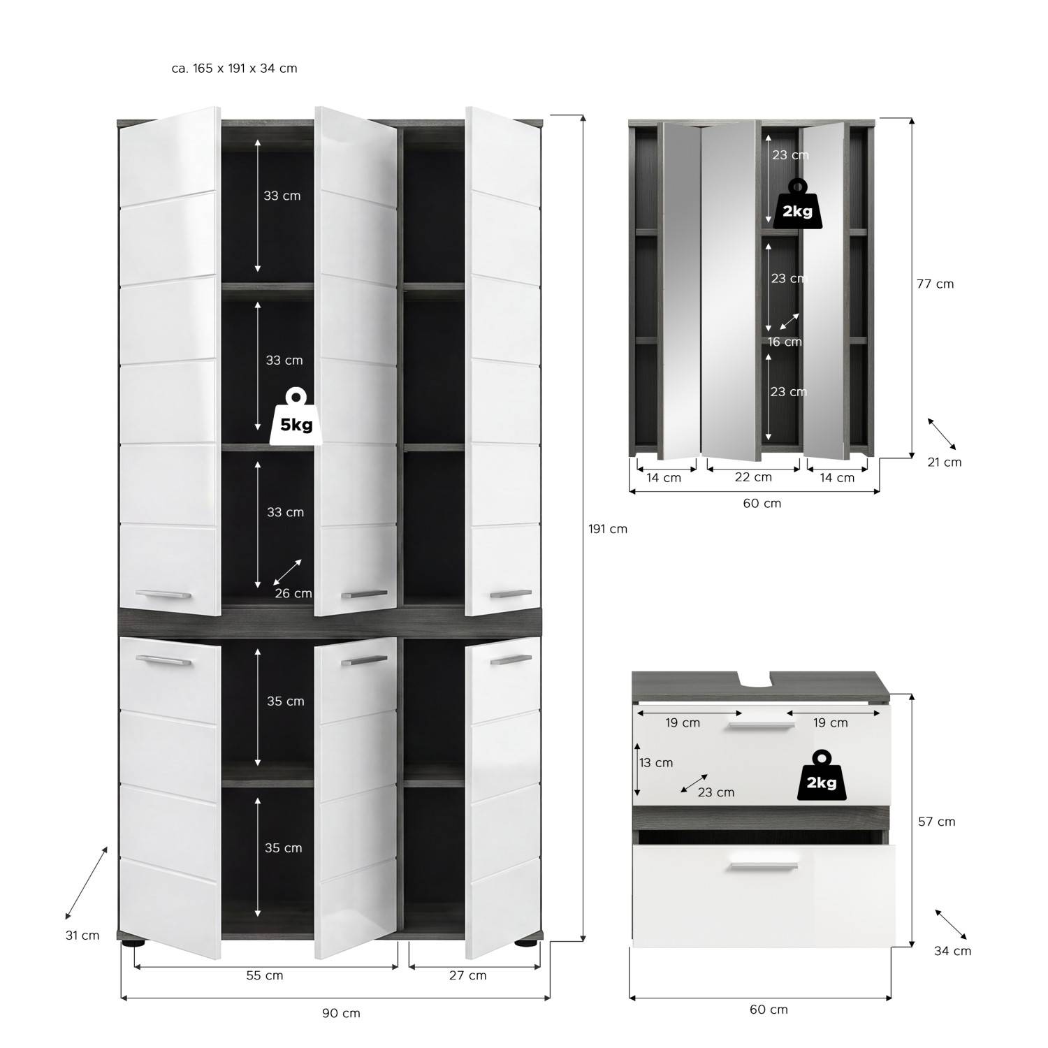 Maße und Abmessungen des dreiteiligen Badezimmerset, inklusive Badschrank, Spiegelschrank und Waschtisch – Chapan