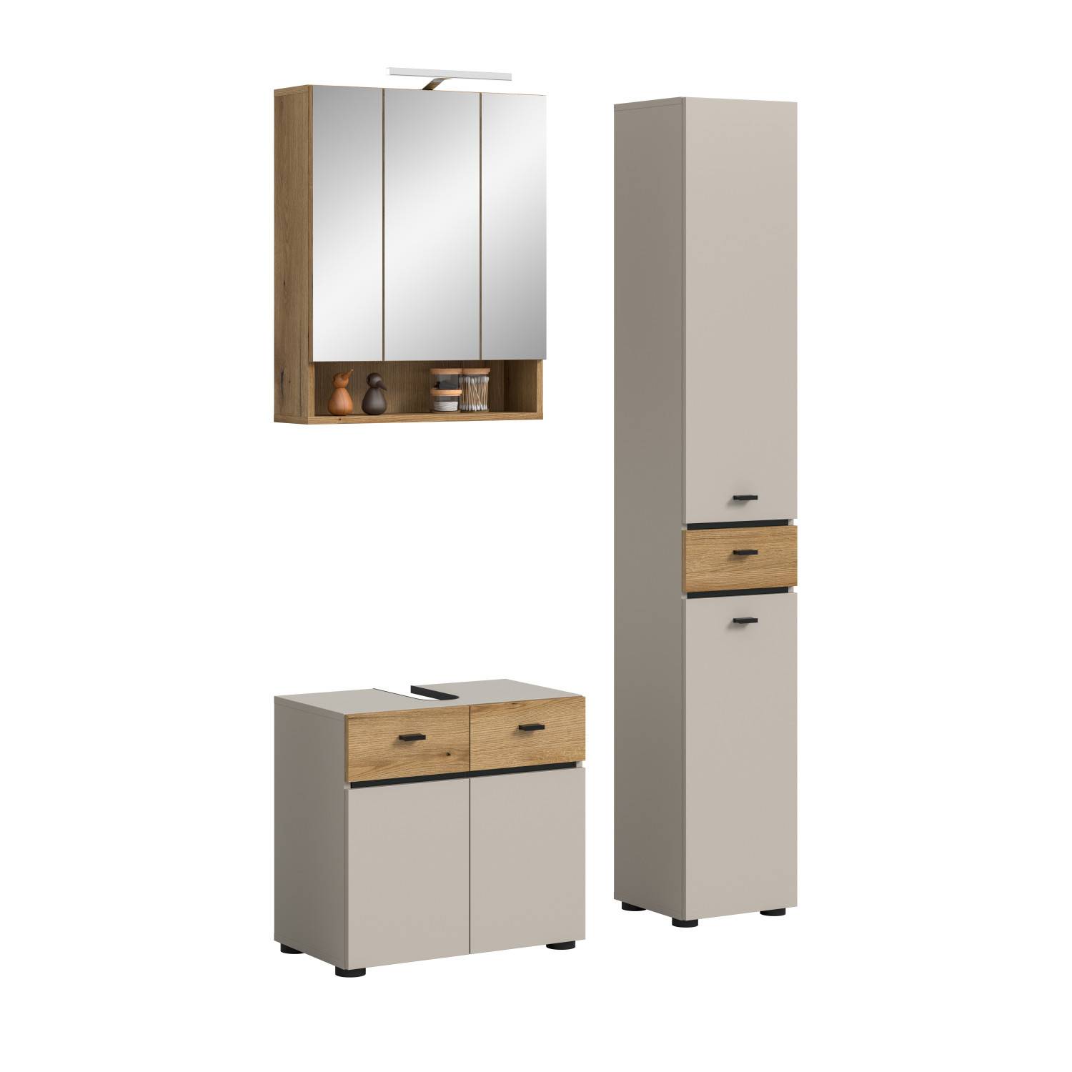 Modernes dreiteiliges Badmöbelset in Beige mit hellem Holzton, Spiegelschrank, Hochschrank und Unterschrank – Majoristo