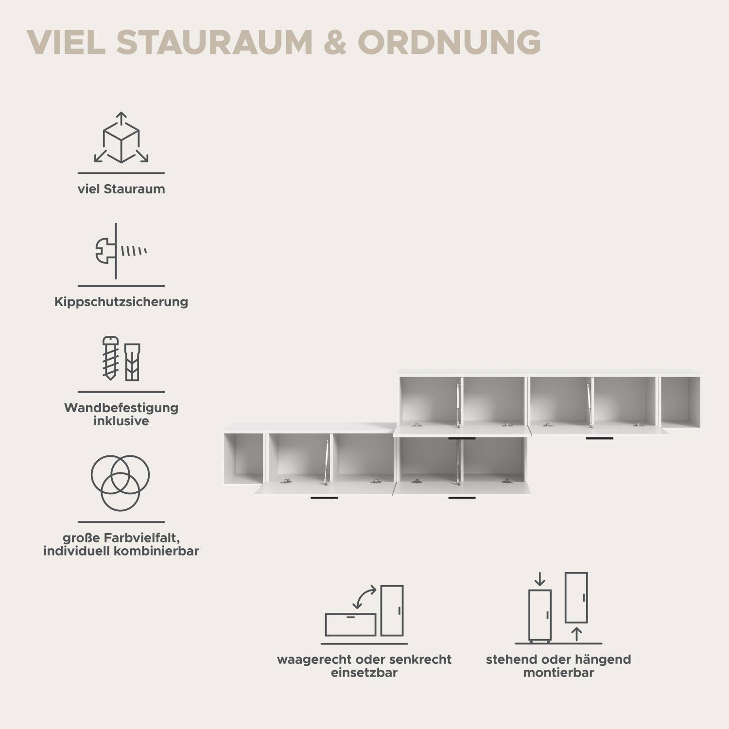 Viel Stauraum Wandbefestigung inklusive flexibel hängend oder stehend montierbar – Actionsa