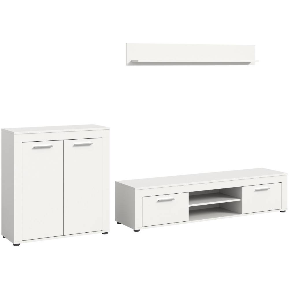 Komplettes dreiteiliges weißes Fernsehmöbel-Set mit Lowboard, Schrank und Wandregal – Furoro