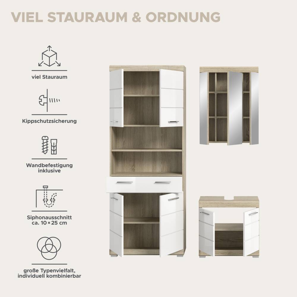 Dreiteiliges Badezimmerset mit viel Stauraum, Kippschutz, Wandbefestigung und Siphonausschnitt, individuell kombinierbar – Calbanyara