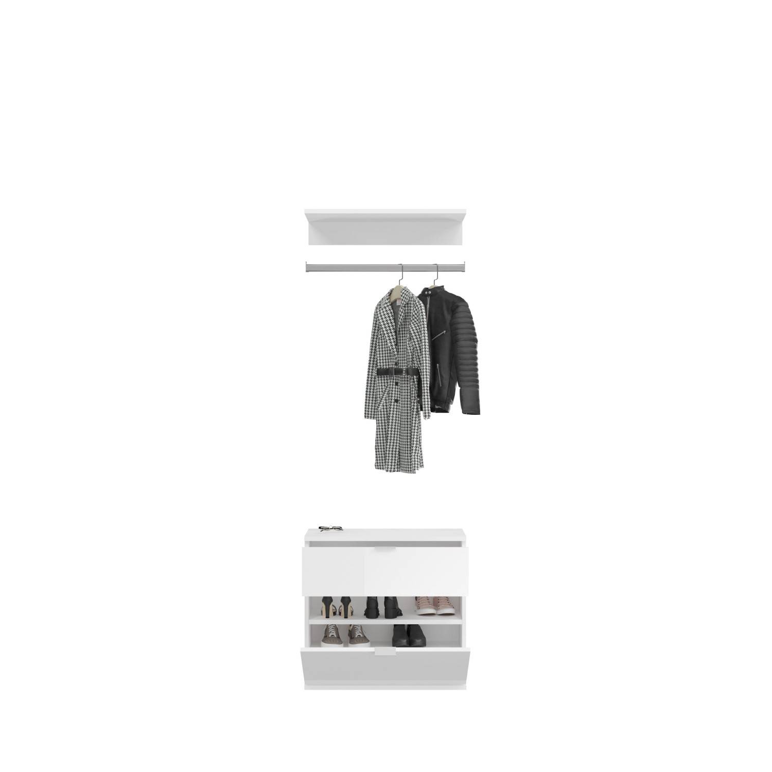 Offener Schuhschrank mit Kleiderstange und Ablage als Teil des Garderoben Sets – Pretty