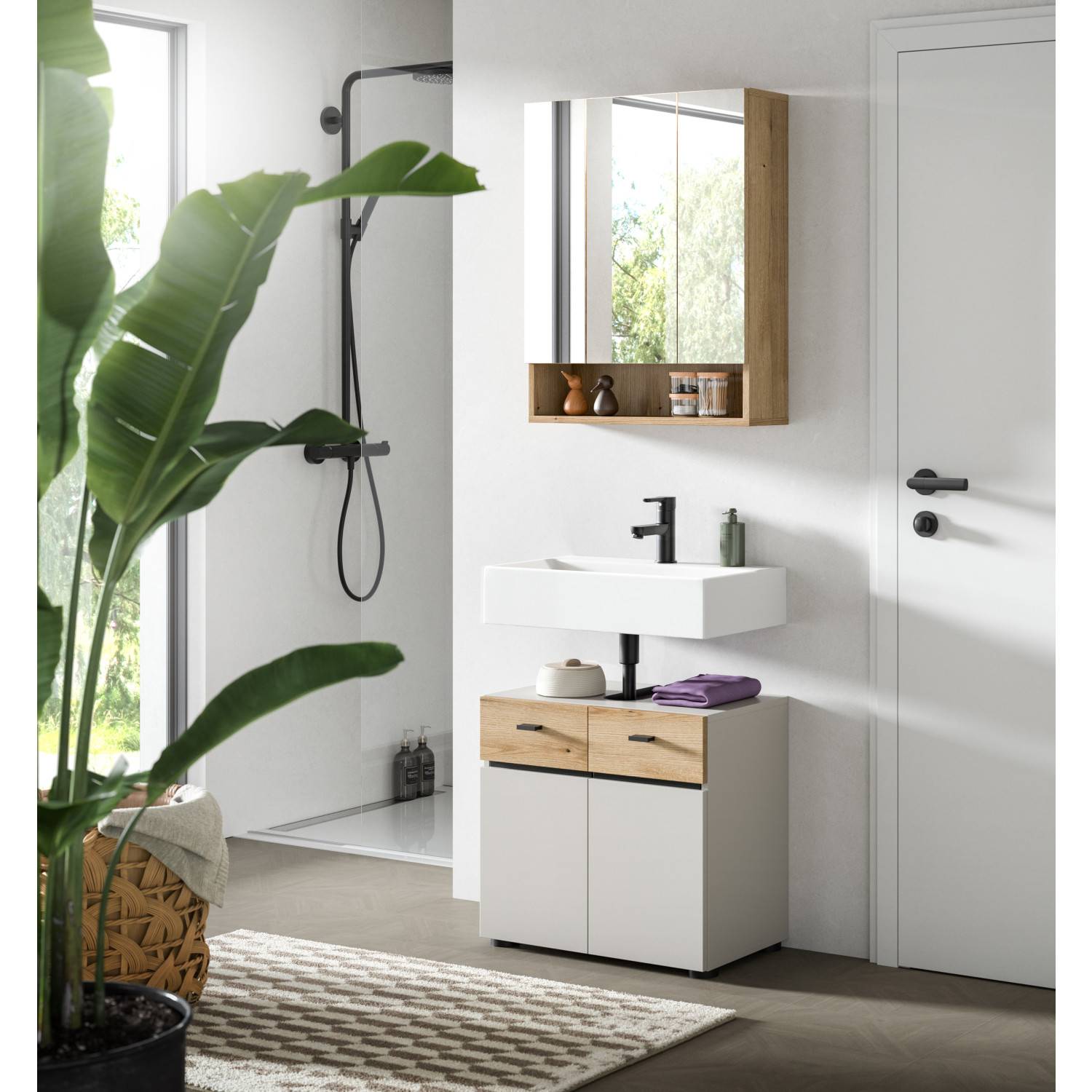 Modernes Kaschmir Waschplatz Set mit Spiegelschrank und Unterschrank in Eichenholzoptik für das Badezimmer – Majoristo