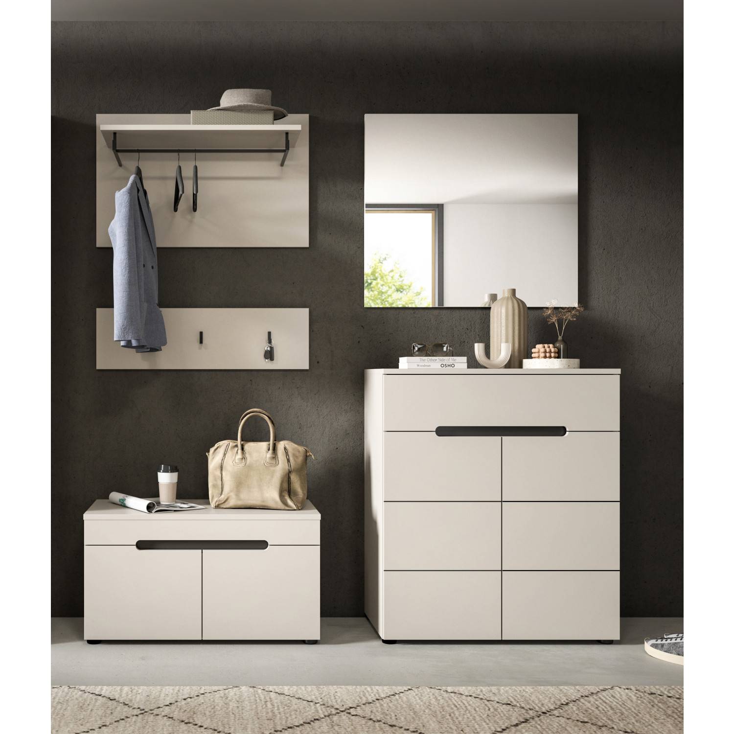 Beige Garderobenpaneel mit Haken, Sitzbank und Schuhschrank mit Spiegel für den Flur – Elvadia