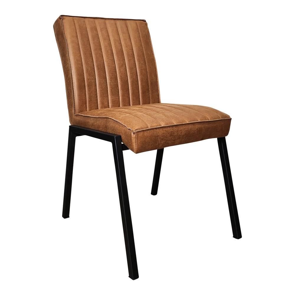 Eleganter brauner Polsterstuhl im Industrial Design mit vertikaler Steppung und schwarzem Metallgestell für den Essbereich – Kermita