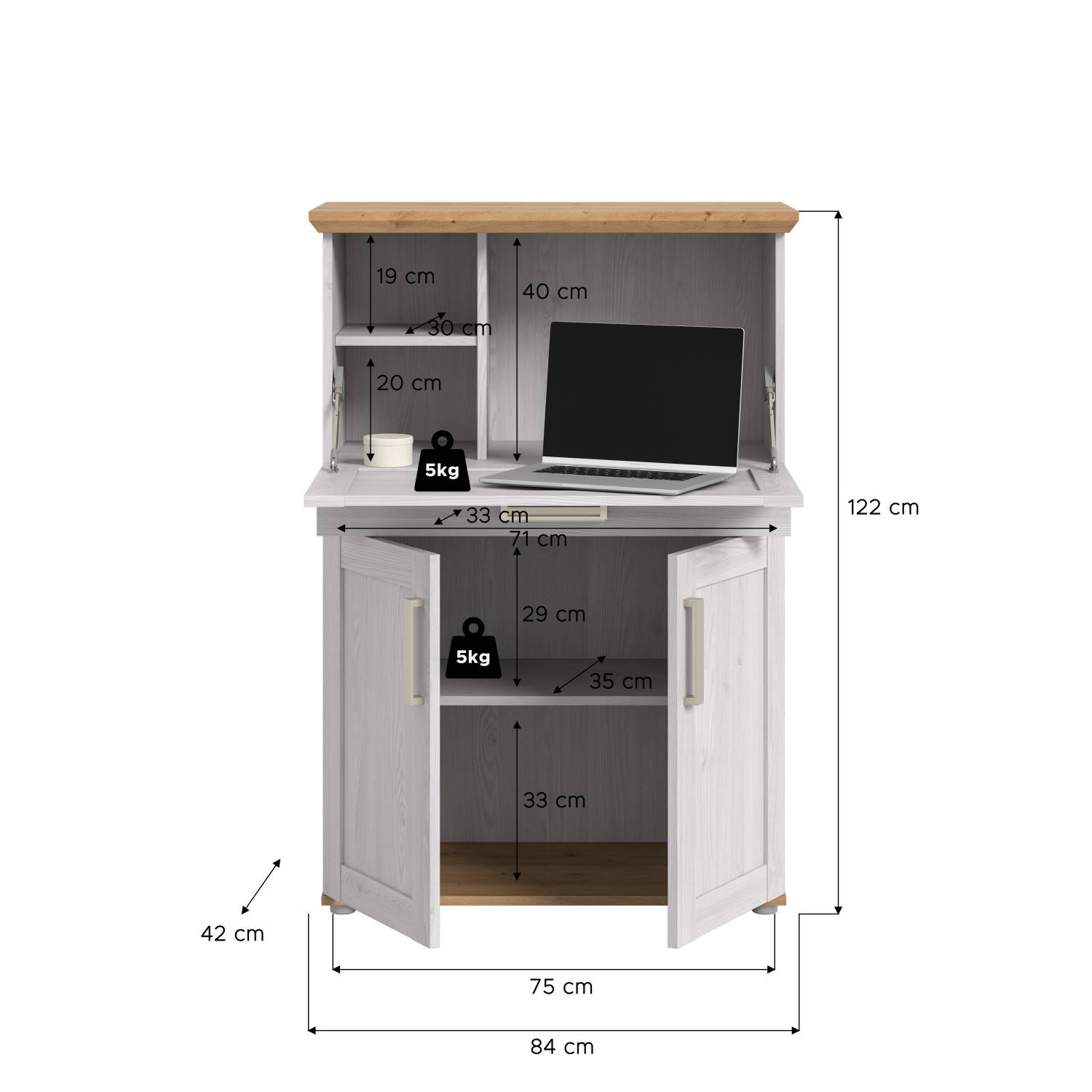 Heller Schreibtisch Schrank mit allen Maßen und Traglastangaben für optimale Planung – Tocella