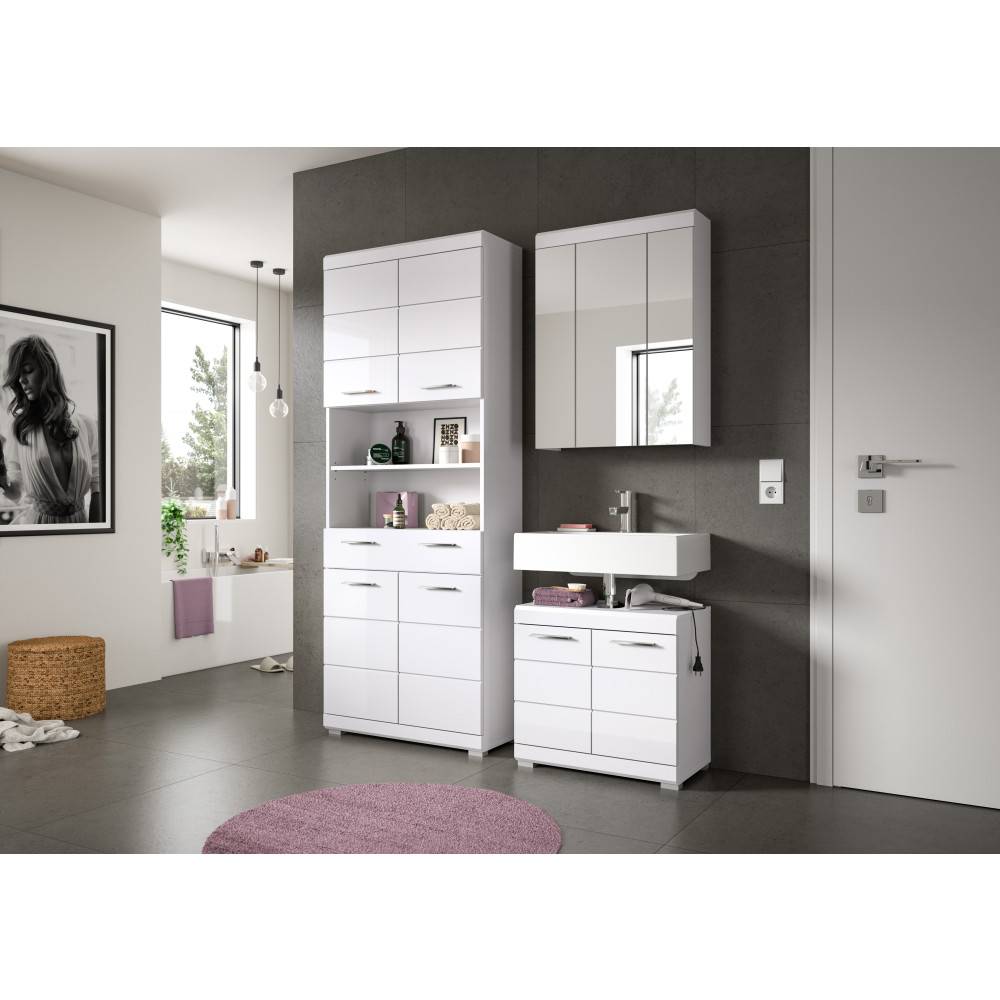 Modernes weißes Badezimmermöbelset mit Rillenoptik und Waschbecken im Badezimmer – Henriette