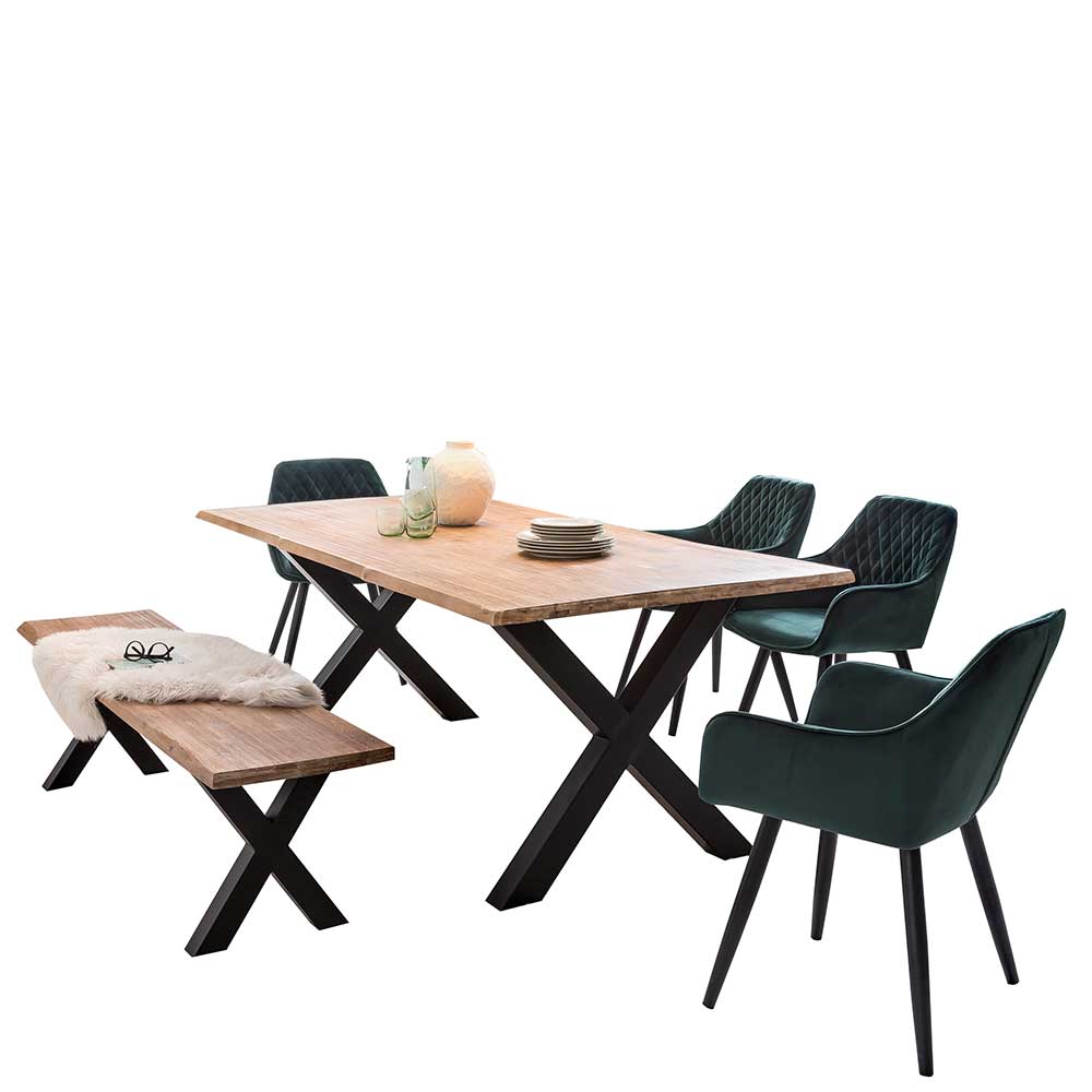 X-Gestell Tisch & Bank plus 4 Stühle - Esvalda (sechsteilig)
