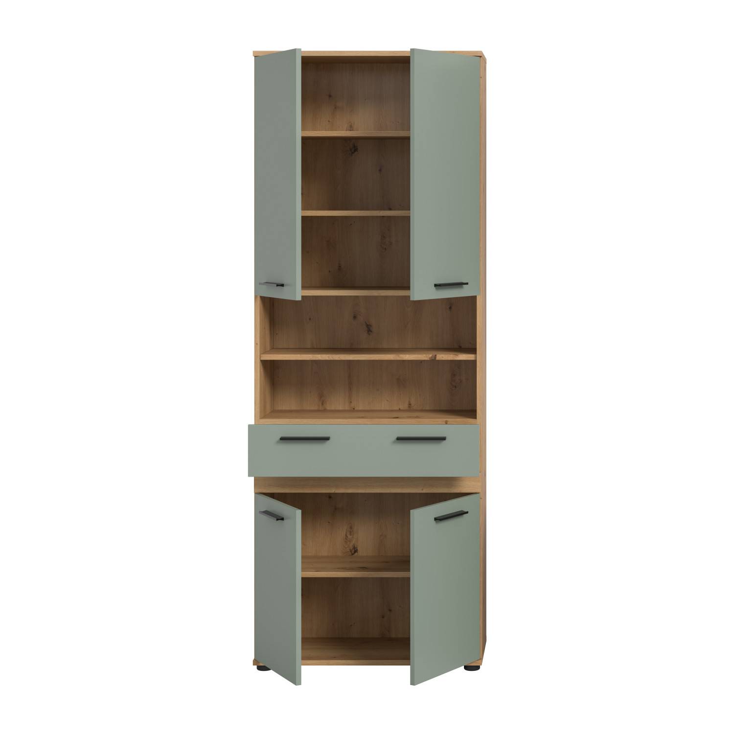 Hoher Badschrank mit vier geöffneten Türen und einem Schubkasten, Eiche-Optik und mintgrüne Fronten – Luzanos