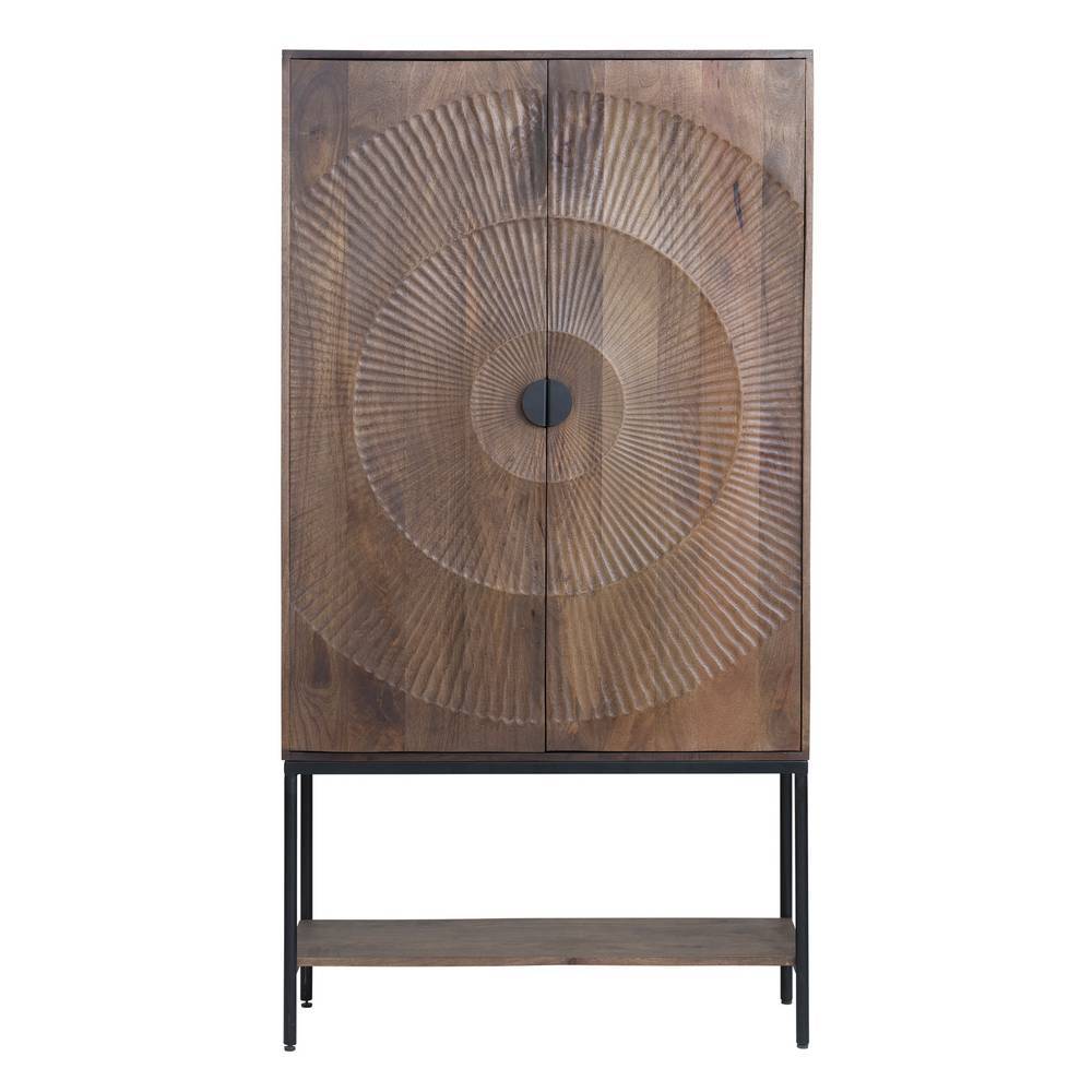 Elegantes Design-Highboard aus walnussfarbenem Mangoholz mit runden Schnitzereien und schwarzem Griff – Epos